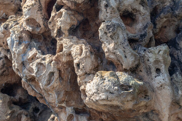 Close up of lava, volcanic rock formation with holes and crevices, copy space