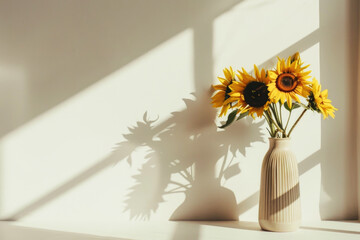 Sunflowers in a ceramic vase, minimalistic background with blurred shadow on a light beige wall - 780695583