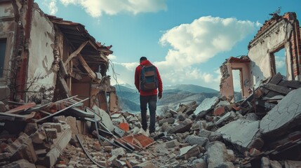 man walking on ruins after an earthquake that destroys everything and left day debris in high resolution and high quality. search concept - obrazy, fototapety, plakaty