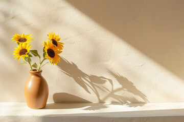 Sunflowers in a ceramic vase, minimalistic background with blurred shadow on a light beige wall