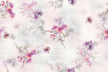 Fototapeta na wymiar seamless classic pattern with watercolor flowers and leaves. botanical watercolor illustration and background