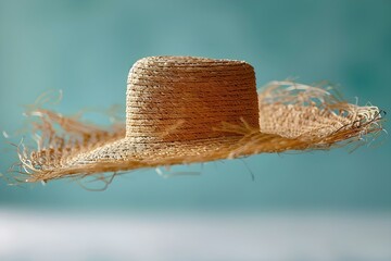 Straw boater hat drifting in a beach accessories fashion studio. Concept Beach Accessories Fashion, Straw Boater Hat, Studio Photoshoot, Summer Styling, Fun and Creative Concepts - Powered by Adobe