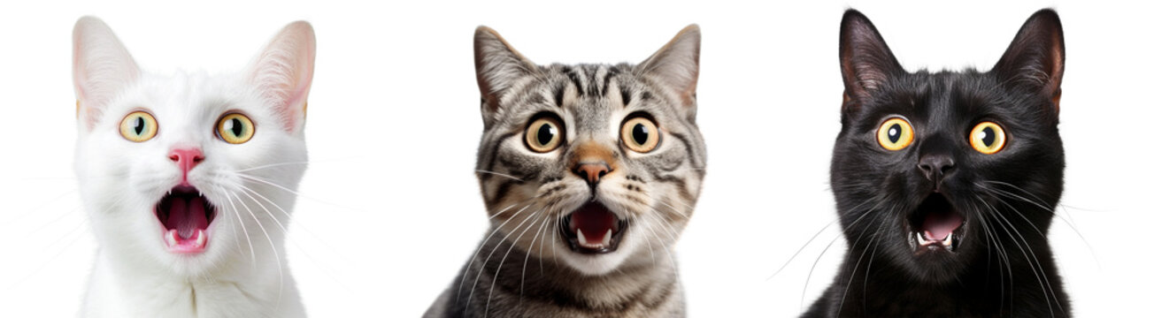 Many cats shot in the head in a row while looking at the camera on a transparent background.