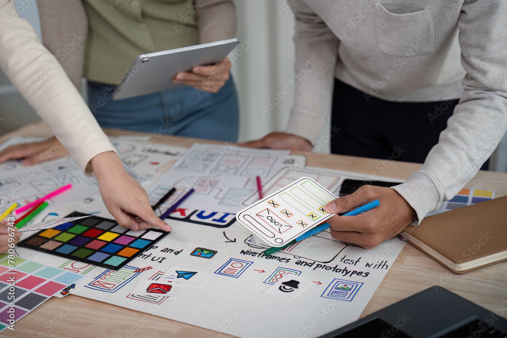 Wall mural brainstorm team of creative web graphic designer planning, group of mobile phone app developer team 