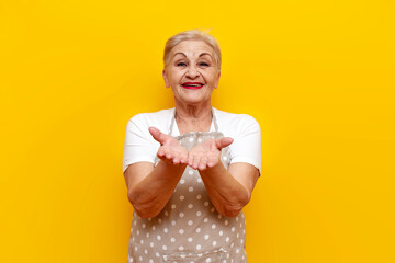 cheerful old grandmother housekeeper in apron holding empty hands and begging on yellow isolated...