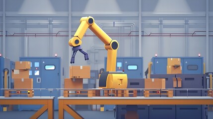 Automated Robot Carriers And Robotic Arm In Smart Distribution Warehouse