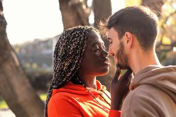 Tender Embrace - Multiracial Couple's Intimate Moment at Sunset