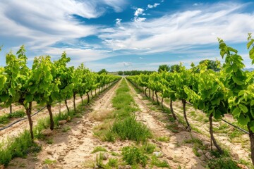 Fototapeta na wymiar Sunlit organic vineyard showcasing rows of grapevines.