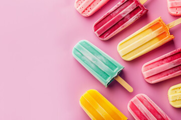 Flat lay with a colorful popsicle Ice cream on pastel background. AI generated