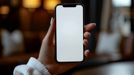 The elegant grip of a woman's hand on a black smartphone, its screen blank and design frameless, held vertically and isolated against a pure white background - obrazy, fototapety, plakaty