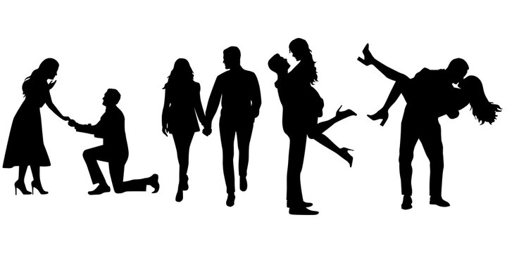 Set of Silhouettes, Romantic Couples, Love, Happiness, Family, Kiss, Lovers, Family, Black, Isolated, Marriage, Proposal, Happy