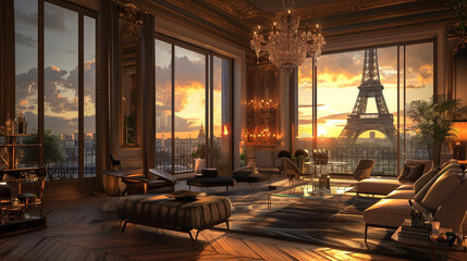 Exquisite Parisian penthouse overlooking the Eiffel Tower: luxurious Art Deco interior, champagne bar, floor-to-ceiling windows, and sunset over the Seine. Paris illustration.