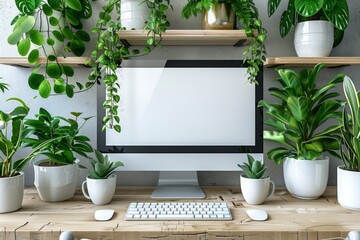 Desktop computer with a blank screen, positioned in a minimalistic office room, embodying simplicity and focus, bathed in natural light - obrazy, fototapety, plakaty