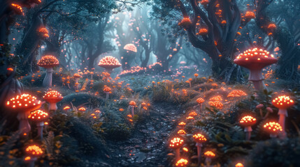 Fototapeta na wymiar enchanting forest path illuminated by glowing mushrooms in a mystical woodland