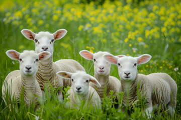 Obraz premium Flock of lambs in a flower meadow looking curious