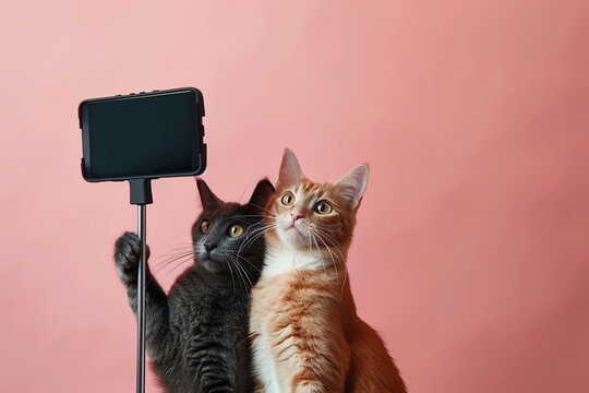 Two funny and adorable cats take a photo together using a special selfie stick. Humor. A couple of cats take a selfie together using a smartphone camera on a soft pink background. Place for text