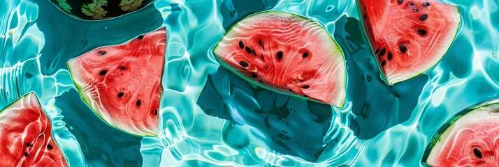 Foto op Plexiglas juicy watermelon slices pattern on a shallow turquoise water background © World of AI