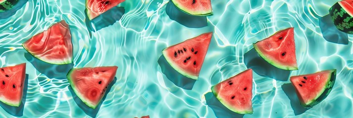 juicy watermelon slices pattern on a shallow turquoise water background