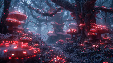 enchanted forest with glowing red mushrooms and misty atmosphere in a serene setting