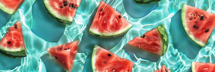 juicy watermelon slices pattern on a shallow turquoise water background