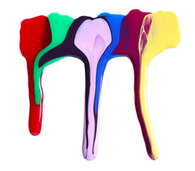 Mixed different color nail polishes flowing on white background