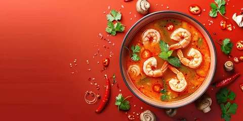  Delicious bowl of shrimp and vegetable soup on vibrant red background with copy space © SHOTPRIME STUDIO