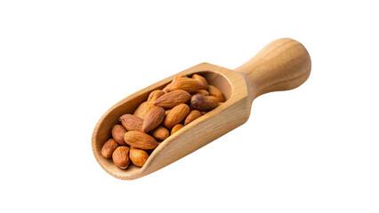 Almonds in a wooden scoop isolated on transparent background