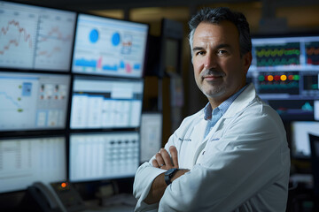 Portrait of confident doctor and monitor show business data or financial company information, investing in healthcare stock and fund - obrazy, fototapety, plakaty