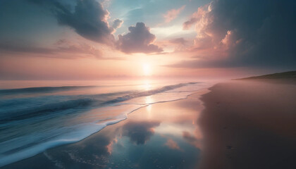 A serene beach scene at dawn, with gentle waves lapping at the shore and a pastel-colored sky reflecting on the wet sand - obrazy, fototapety, plakaty