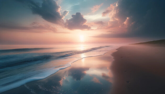 A serene beach scene at dawn, with gentle waves lapping at the shore and a pastel-colored sky reflecting on the wet sand
