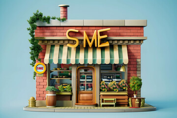 3d illustration shops with sign “SME”, Small and Medium Enterprises
