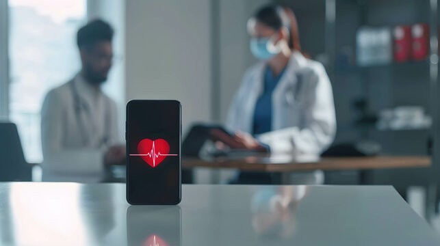 Online medical concept, counseling and treatment using online technology, floating smartphone screen red pulse icon or heart icon