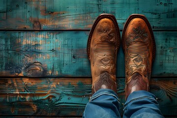 Vintage Western theme cowboy hat leather boots wooden floor Retro filtered photo. Concept Western Theme, Cowboy Hat, Leather Boots, Wooden Floor, Retro Filtered Photo - obrazy, fototapety, plakaty