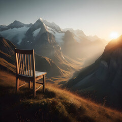 Alone wooden chair in snow mountains view with sea of mist and sunrise  - obrazy, fototapety, plakaty