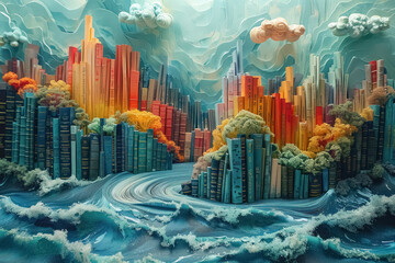fantasy cityscape of colorful book spines forming skyscrapers surrounded by swirling waters under a cloudy sky - obrazy, fototapety, plakaty