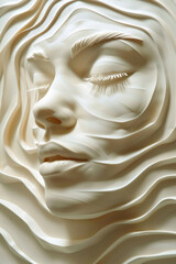 A sculpture depicting the face of a woman with wavy hair. The intricate details of the facial features are captured in the sculpture