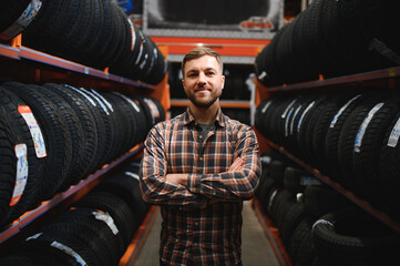 Man chooses winter car tires in the auto shop