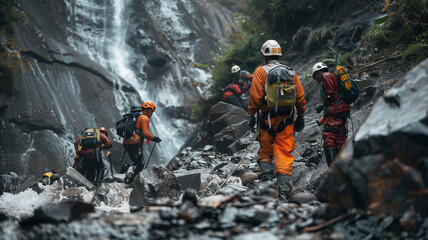 Obraz premium Rescue team in rescue operation from landslide situation .Searching for missing person ,help injured people ..