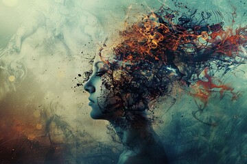 The image of a woman personifying a hypnotically altered consciousness. Each part expresses different emotions, internal conflict and emotional experiences in different situations. Copy space. Banner - obrazy, fototapety, plakaty