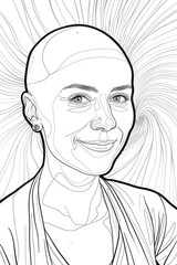 A detailed black and white illustration of bald woman, showcasing intricate line work and shading