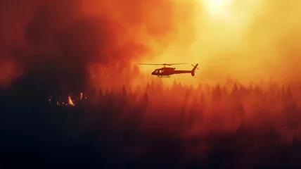 Foto op Canvas Helicopter flying above wildfire situation . © sattawat
