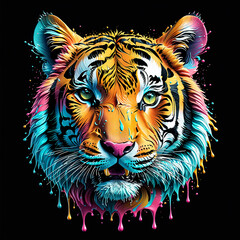 Vibrant Neon Colored Tiger Artwork. AI-generated