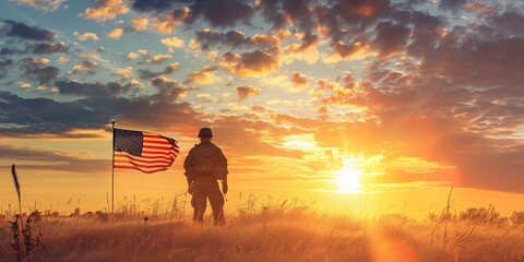 US Army soldier with the American flag, memorial day concept, copy space