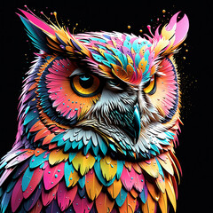 Vibrant Neon Colored Owl Artwork. AI-generated
