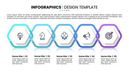 Infographic template. 5 connected hexagons in a row with icons