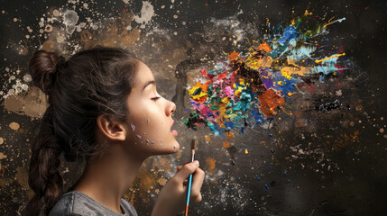 Charming woman holding a paintbrush in front of her face, poised to create art with focused determination