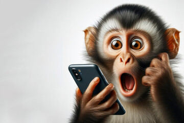 surprised monkey talking on a mobile phone on a white background - obrazy, fototapety, plakaty