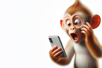 surprised monkey talking on a mobile phone on a white background - obrazy, fototapety, plakaty