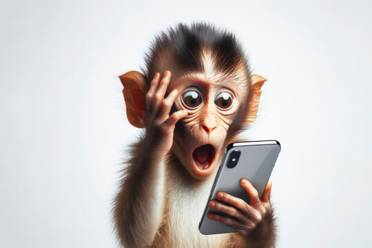 surprised monkey talking on a mobile phone on a white background
