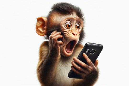 surprised monkey talking on a mobile phone on a white background